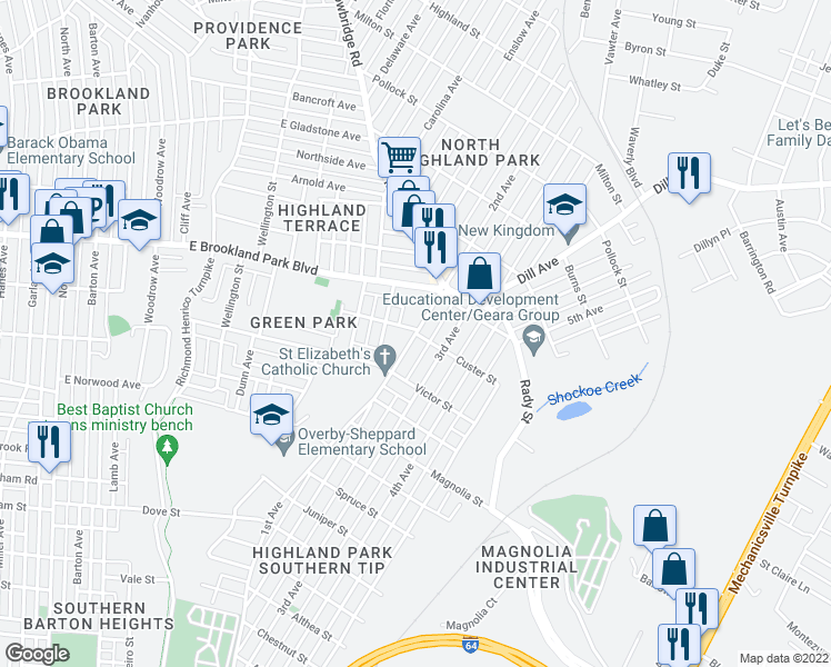 map of restaurants, bars, coffee shops, grocery stores, and more near 2nd Avenue in Richmond