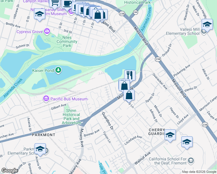 map of restaurants, bars, coffee shops, grocery stores, and more near 585 Mowry Avenue in Fremont
