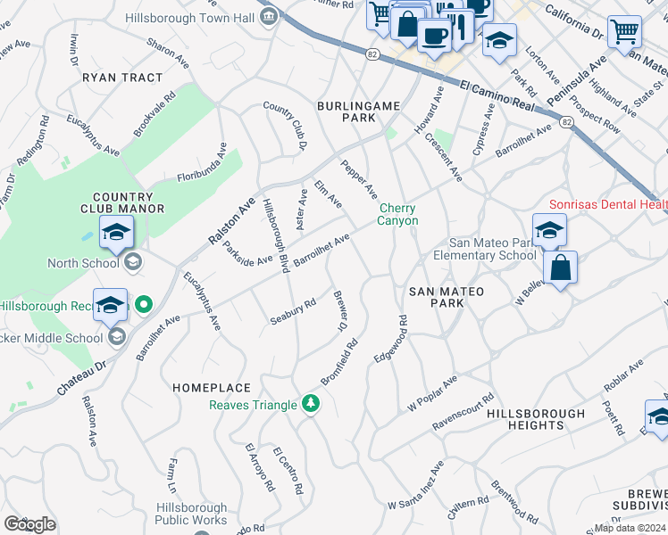 map of restaurants, bars, coffee shops, grocery stores, and more near 720 Brewer Drive in Hillsborough