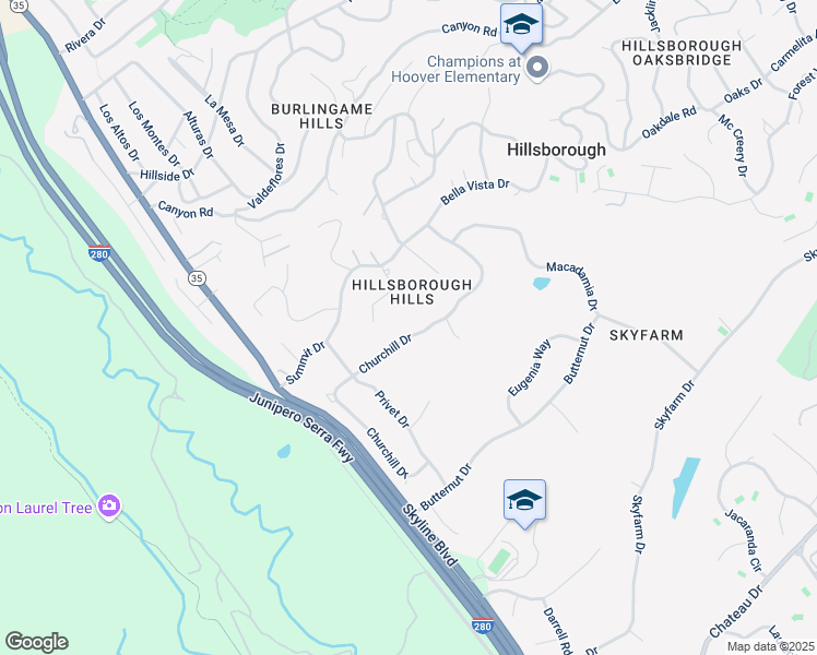 map of restaurants, bars, coffee shops, grocery stores, and more near 2845 Churchill Drive in Hillsborough