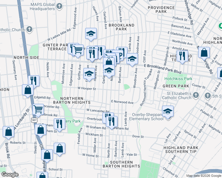 map of restaurants, bars, coffee shops, grocery stores, and more near 2808 Richmond Henrico Turnpike in Richmond