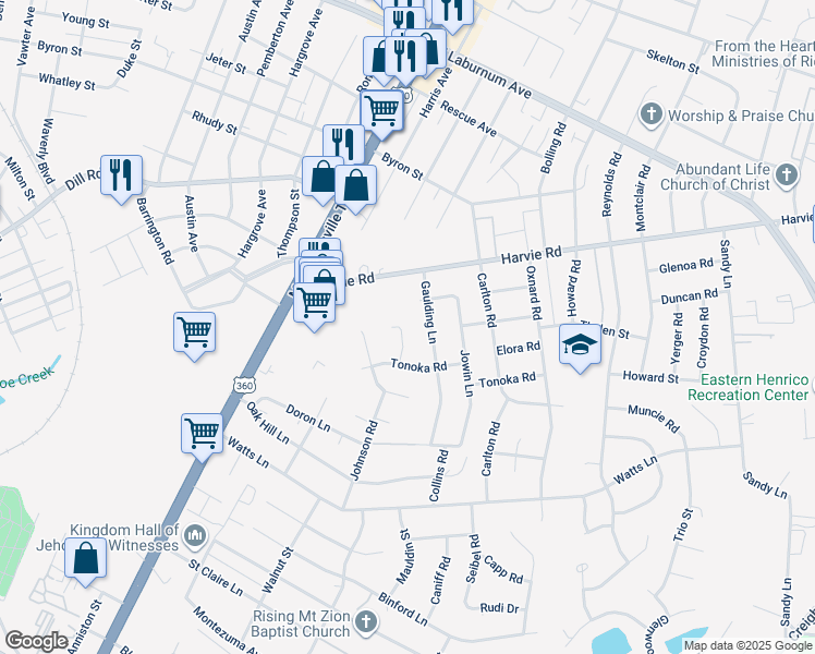 map of restaurants, bars, coffee shops, grocery stores, and more near 3306 Tonoka Court in Richmond