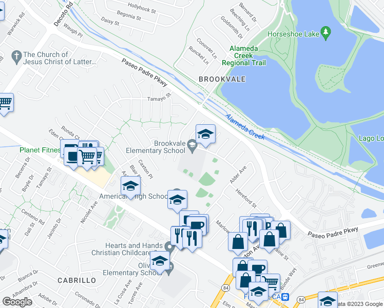 map of restaurants, bars, coffee shops, grocery stores, and more near 3400 Nicolet Avenue in Fremont