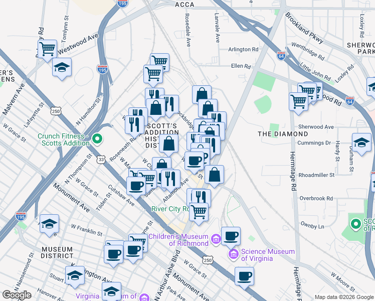 map of restaurants, bars, coffee shops, grocery stores, and more near 3103 Norfolk Street in Richmond