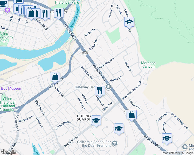 map of restaurants, bars, coffee shops, grocery stores, and more near 20 Pickering Avenue in Fremont