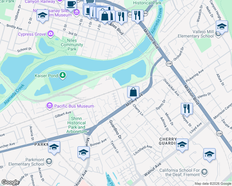 map of restaurants, bars, coffee shops, grocery stores, and more near 585 Mowry Avenue in Fremont