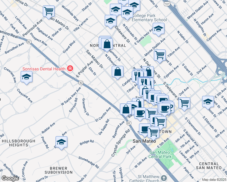 map of restaurants, bars, coffee shops, grocery stores, and more near 137 San Mateo Drive in San Mateo