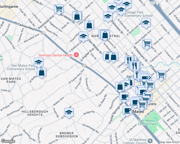 map of restaurants, bars, coffee shops, grocery stores, and more near 1 West Santa Inez Avenue in San Mateo