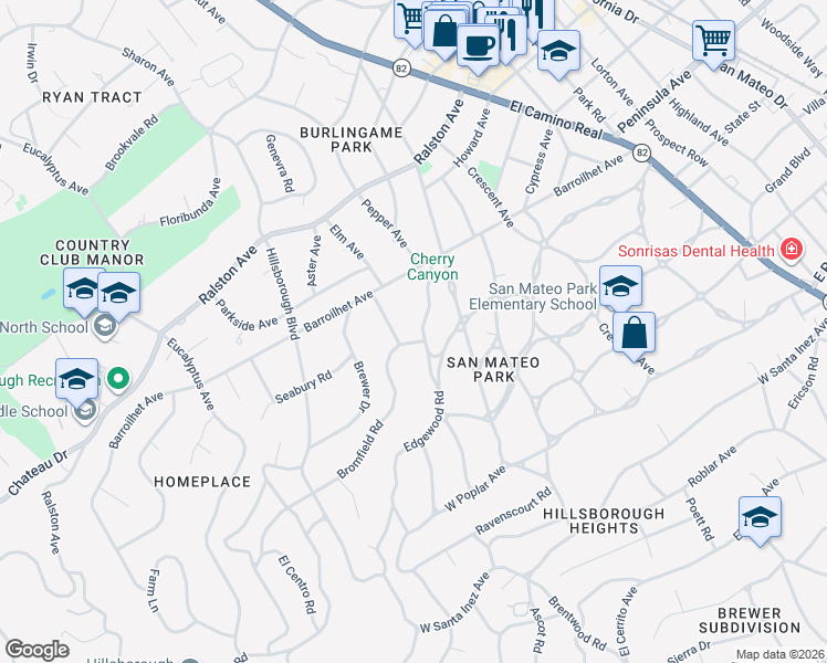 map of restaurants, bars, coffee shops, grocery stores, and more near 723 Edgewood Road in San Mateo
