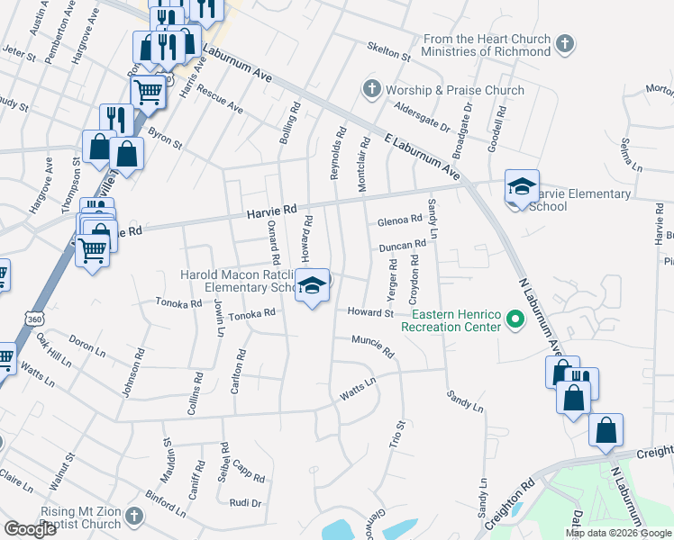 map of restaurants, bars, coffee shops, grocery stores, and more near 3400 Reynolds Road in Richmond