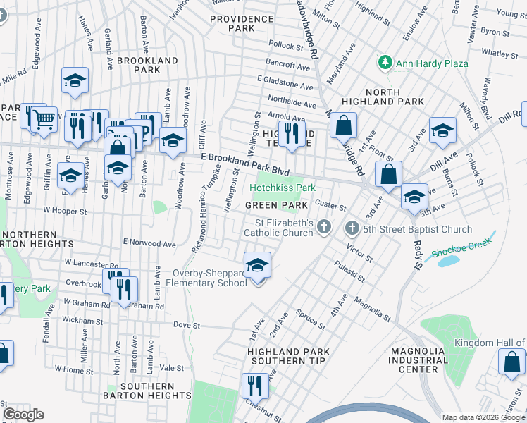 map of restaurants, bars, coffee shops, grocery stores, and more near in Richmond