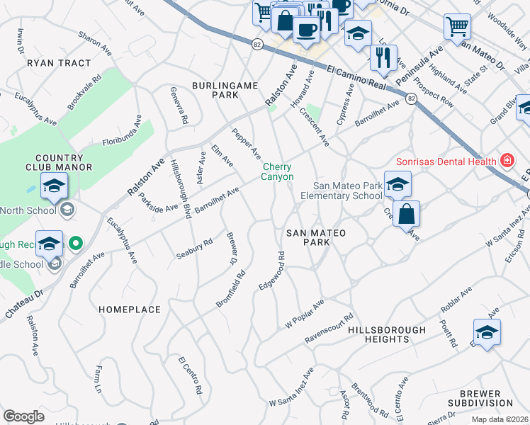 map of restaurants, bars, coffee shops, grocery stores, and more near 723 Edgewood Road in San Mateo