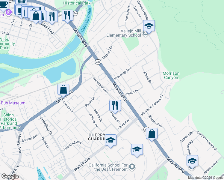 map of restaurants, bars, coffee shops, grocery stores, and more near 38725 Aurora Terrace in Fremont
