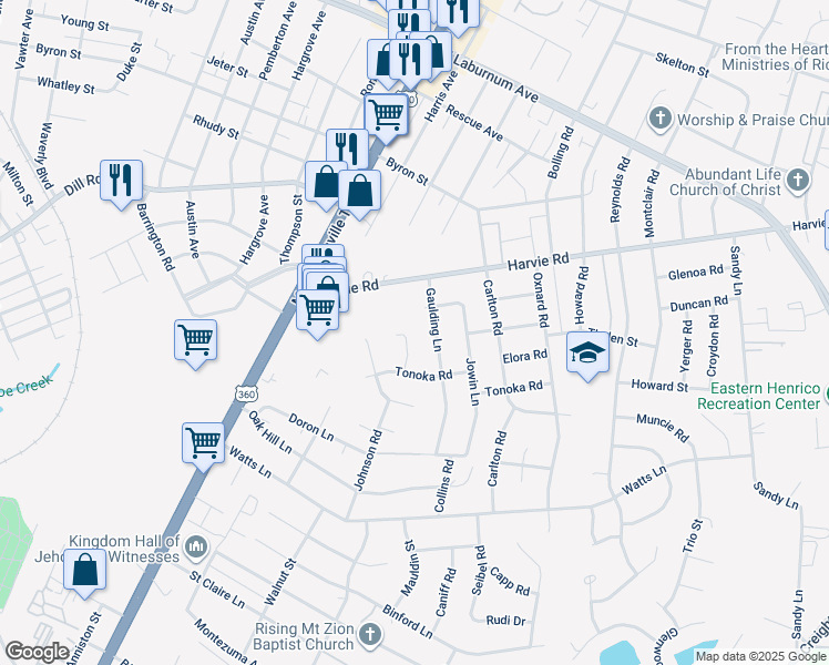 map of restaurants, bars, coffee shops, grocery stores, and more near 3306 Tonoka Court in Richmond