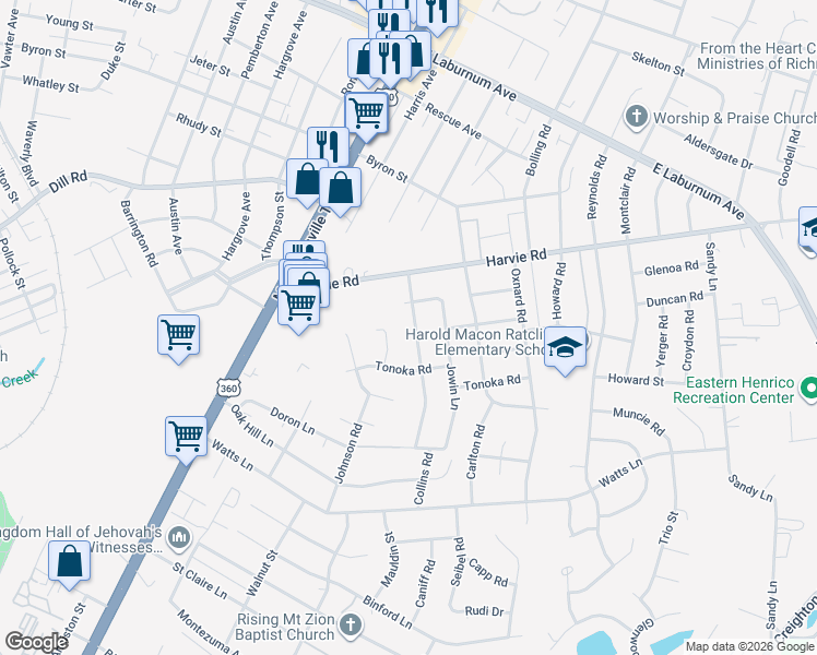 map of restaurants, bars, coffee shops, grocery stores, and more near 3317 Gaulding Lane in Richmond