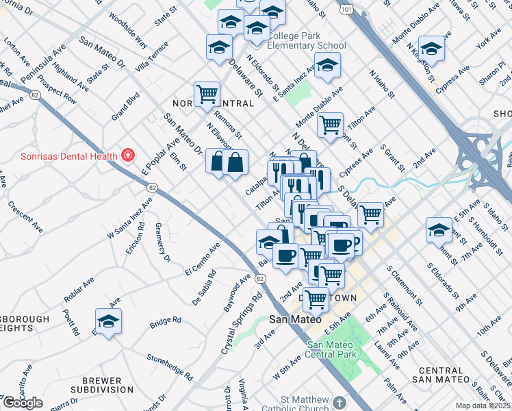 map of restaurants, bars, coffee shops, grocery stores, and more near 225 Tilton Avenue in San Mateo