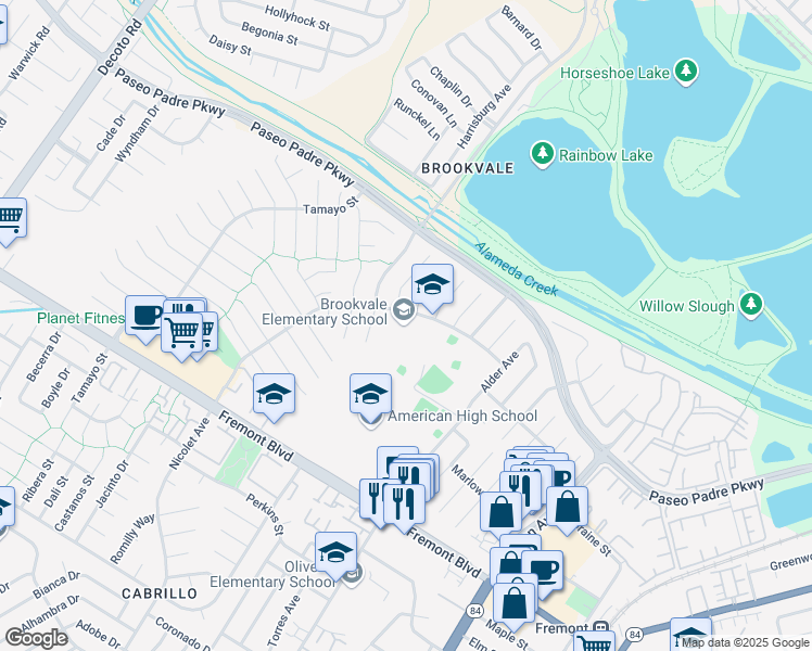map of restaurants, bars, coffee shops, grocery stores, and more near 3400 Nicolet Avenue in Fremont