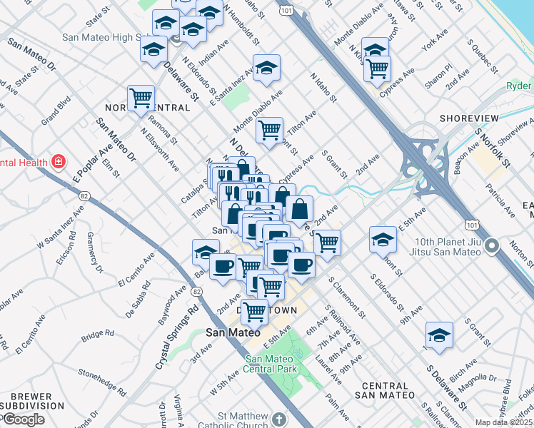 map of restaurants, bars, coffee shops, grocery stores, and more near 2 South Claremont Street in San Mateo