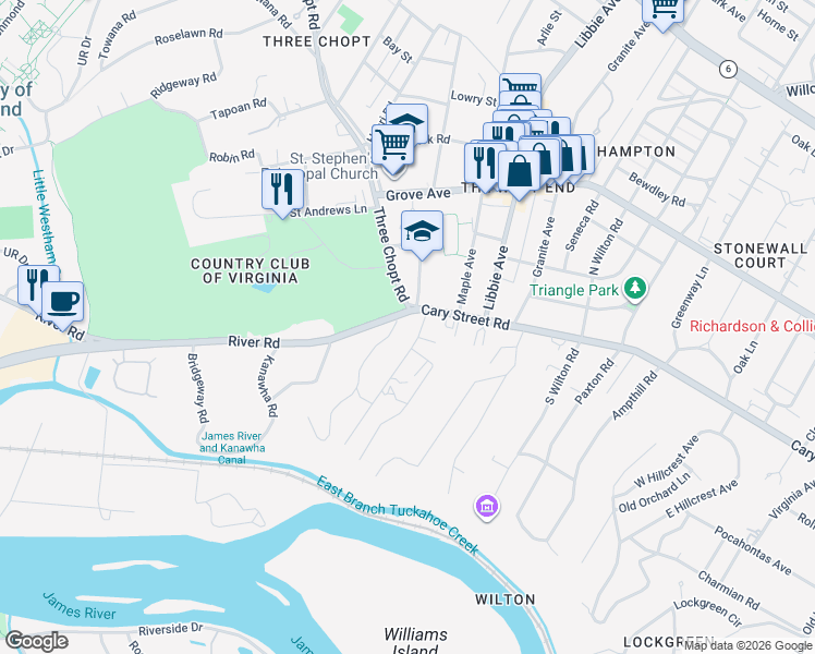 map of restaurants, bars, coffee shops, grocery stores, and more near 5621 Cary Street Road in Richmond