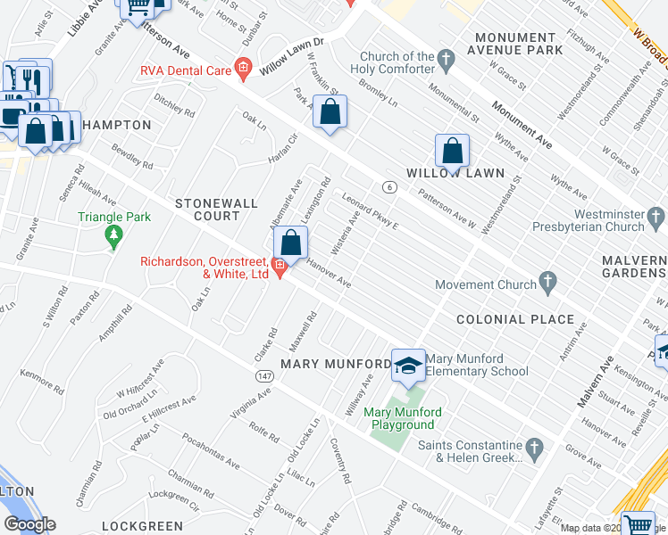 map of restaurants, bars, coffee shops, grocery stores, and more near 4710 Hanover Avenue in Richmond
