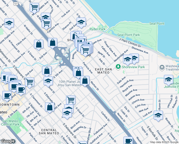 map of restaurants, bars, coffee shops, grocery stores, and more near 808 Patricia Avenue in San Mateo