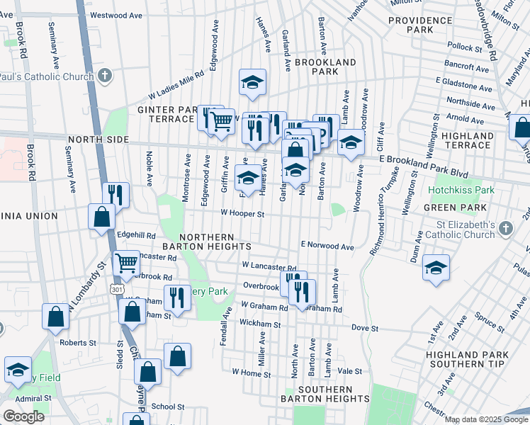map of restaurants, bars, coffee shops, grocery stores, and more near 2801 Hanes Avenue in Richmond