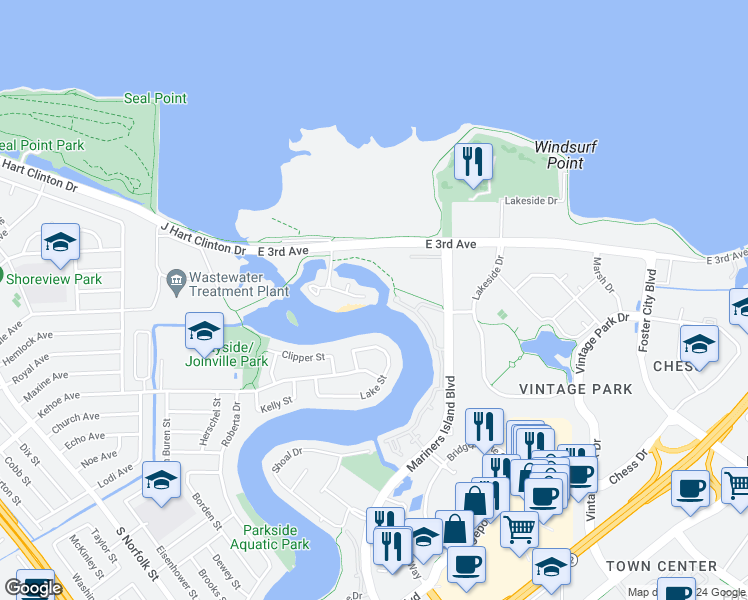 map of restaurants, bars, coffee shops, grocery stores, and more near 686 Port Drive in San Mateo