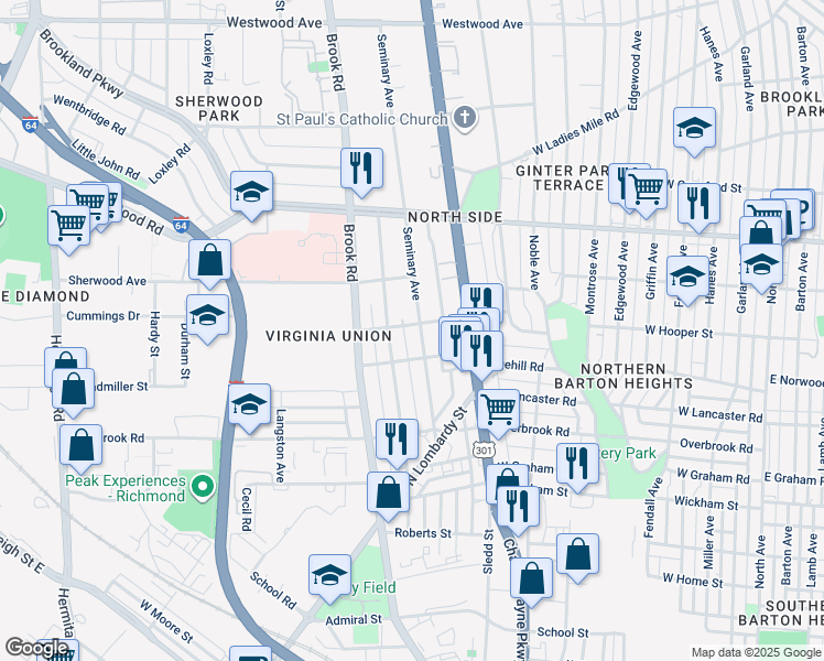 map of restaurants, bars, coffee shops, grocery stores, and more near 2712 Seminary Avenue in Richmond