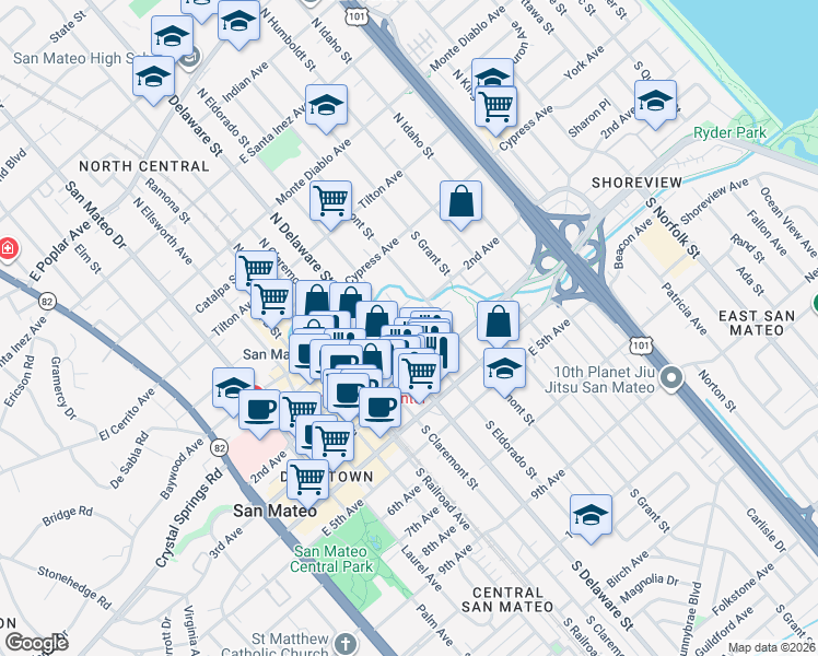map of restaurants, bars, coffee shops, grocery stores, and more near 703 2nd Avenue in San Mateo