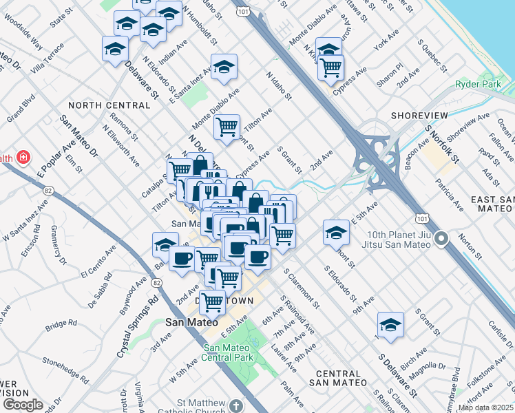 map of restaurants, bars, coffee shops, grocery stores, and more near 101 South Delaware Street in San Mateo