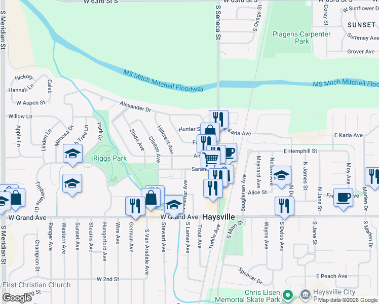 map of restaurants, bars, coffee shops, grocery stores, and more near 221 Fager Drive in Haysville