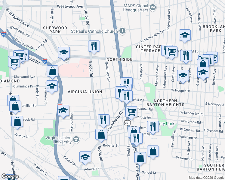 map of restaurants, bars, coffee shops, grocery stores, and more near 2901 Seminary Avenue in Richmond