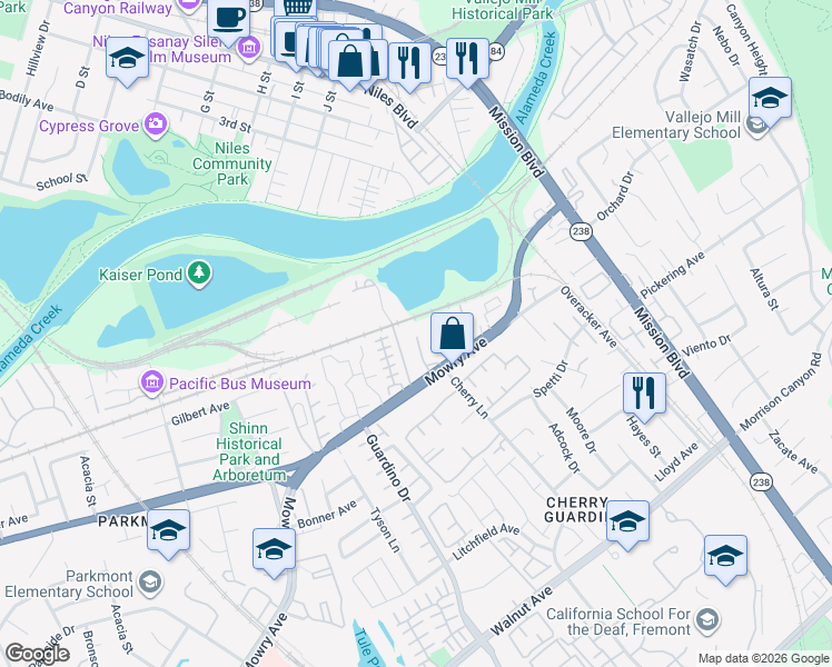 map of restaurants, bars, coffee shops, grocery stores, and more near 585 Mowry Avenue in Fremont