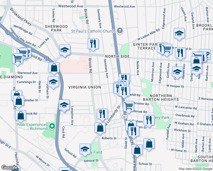 map of restaurants, bars, coffee shops, grocery stores, and more near 2712 Seminary Avenue in Richmond