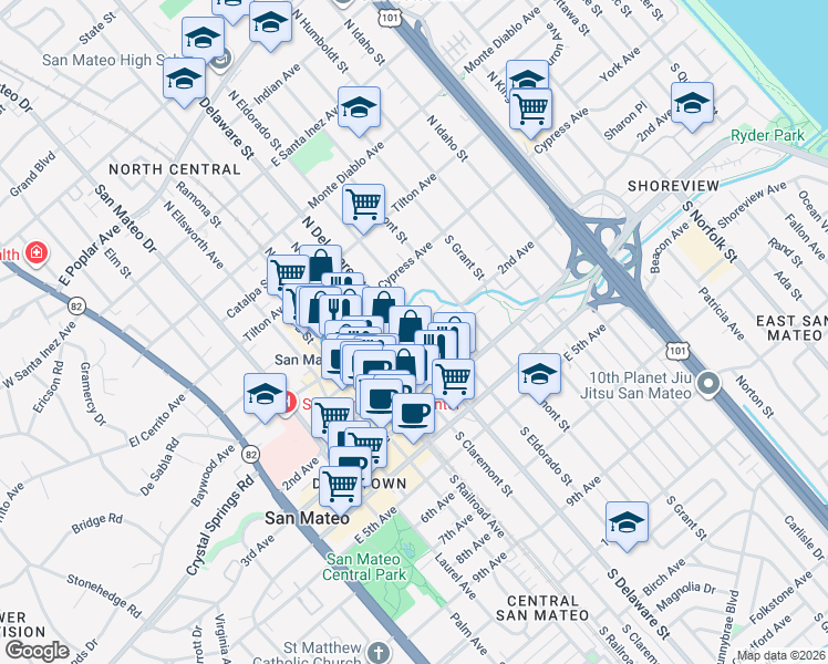 map of restaurants, bars, coffee shops, grocery stores, and more near 101 South Delaware Street in San Mateo