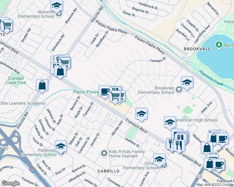 map of restaurants, bars, coffee shops, grocery stores, and more near 3750 Tamayo Street in Fremont
