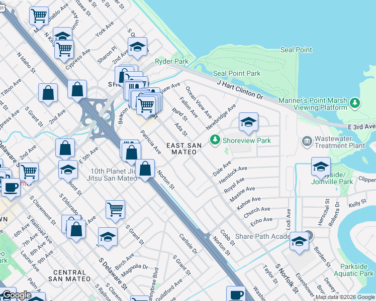map of restaurants, bars, coffee shops, grocery stores, and more near 850 South Norfolk Street in San Mateo