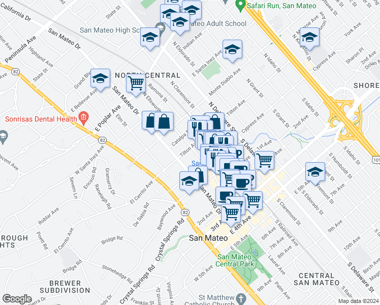 map of restaurants, bars, coffee shops, grocery stores, and more near 78 North Ellsworth Avenue in San Mateo