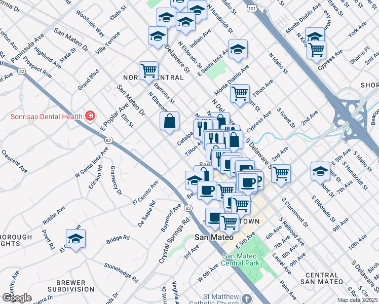 map of restaurants, bars, coffee shops, grocery stores, and more near 225 Tilton Avenue in San Mateo