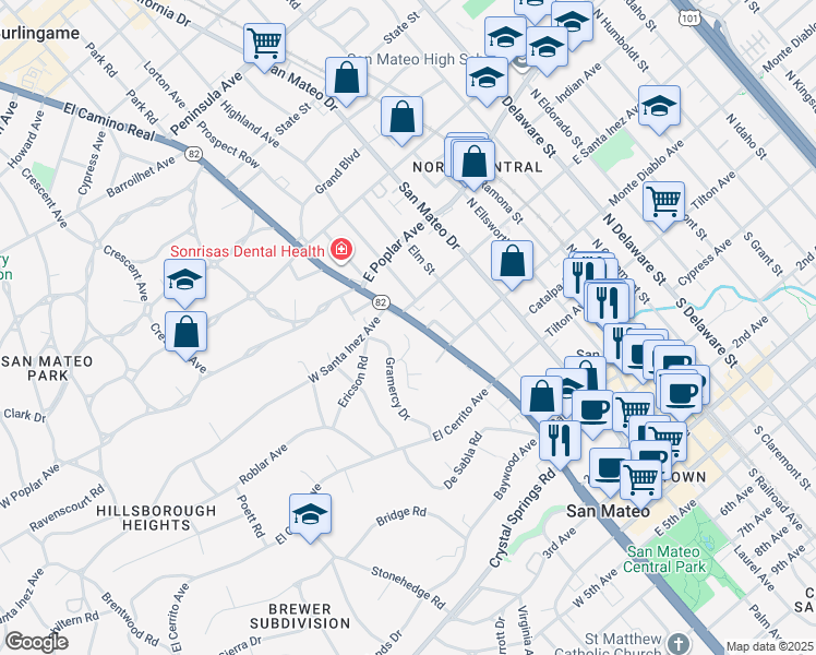 map of restaurants, bars, coffee shops, grocery stores, and more near 1 West Santa Inez Avenue in San Mateo