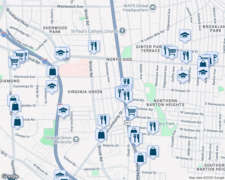 map of restaurants, bars, coffee shops, grocery stores, and more near 2901 Seminary Avenue in Richmond