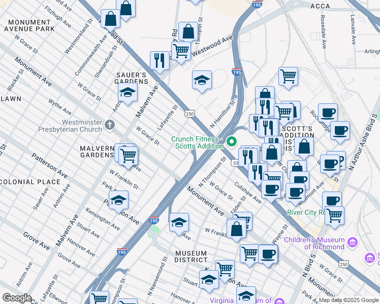 map of restaurants, bars, coffee shops, grocery stores, and more near 3805 Cutshaw Avenue in Richmond