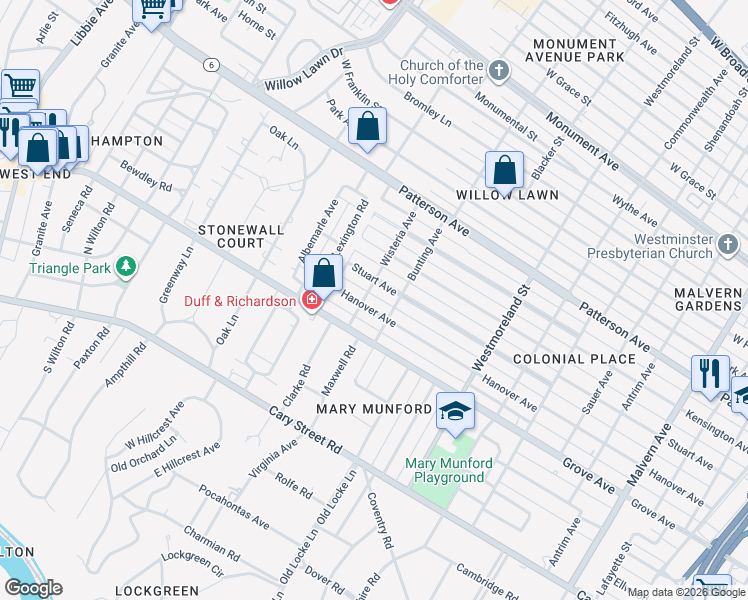 map of restaurants, bars, coffee shops, grocery stores, and more near 4801 Stuart Avenue in Richmond