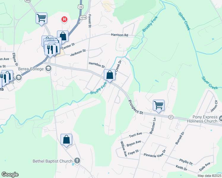 map of restaurants, bars, coffee shops, grocery stores, and more near 702 Prospect Street in Berea