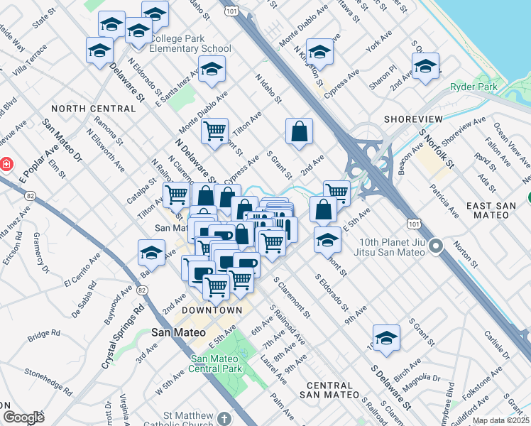 map of restaurants, bars, coffee shops, grocery stores, and more near 703 2nd Avenue in San Mateo