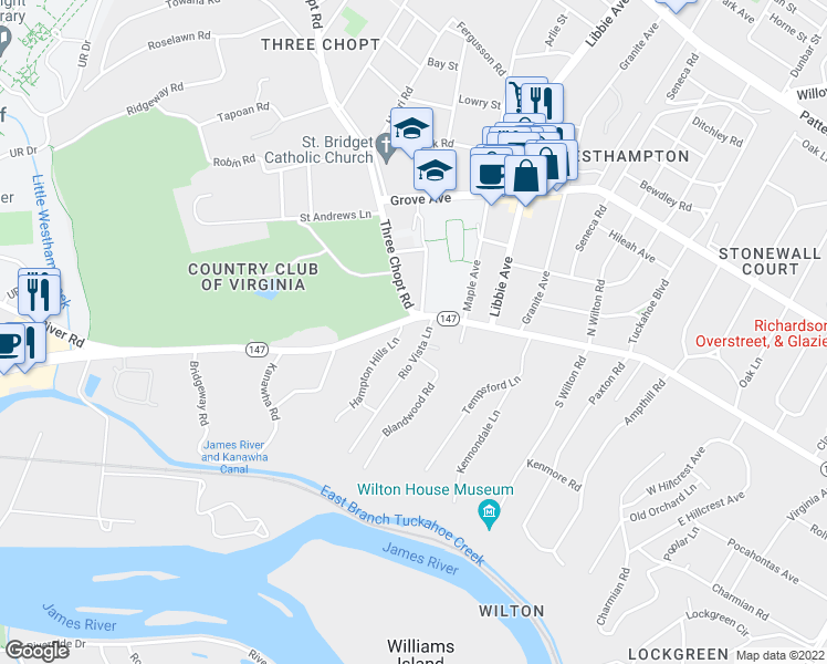 map of restaurants, bars, coffee shops, grocery stores, and more near 5621 Cary Street Road in Richmond