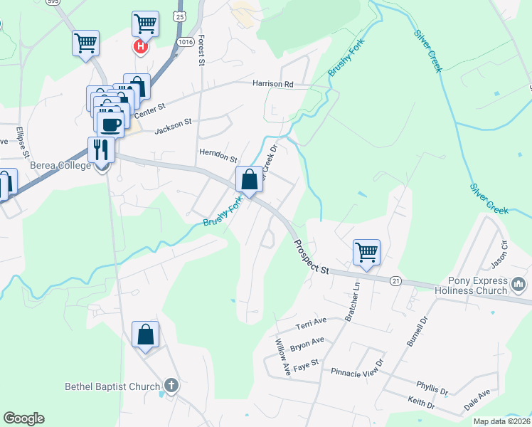 map of restaurants, bars, coffee shops, grocery stores, and more near 627 Big Hill Road in Berea