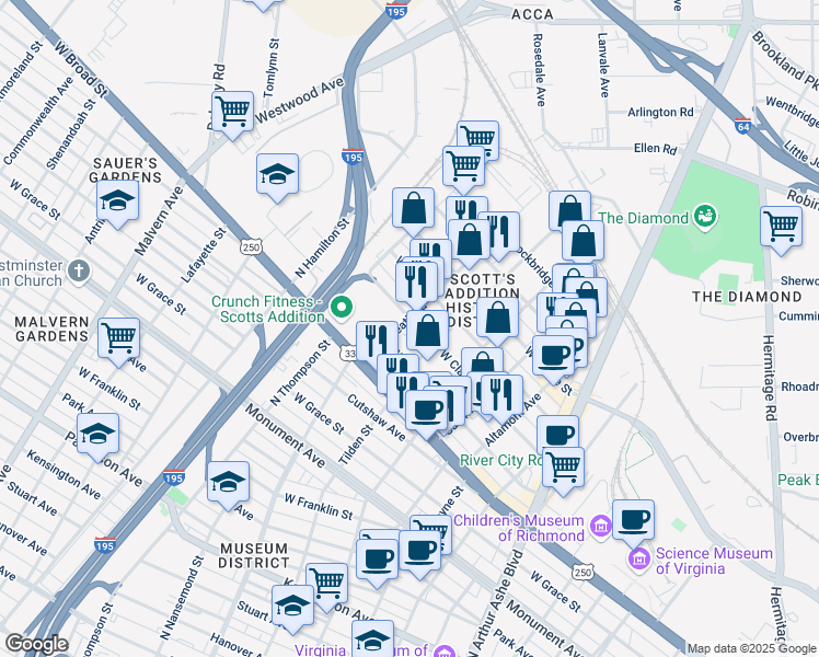 map of restaurants, bars, coffee shops, grocery stores, and more near 1311 Roseneath Road in Richmond