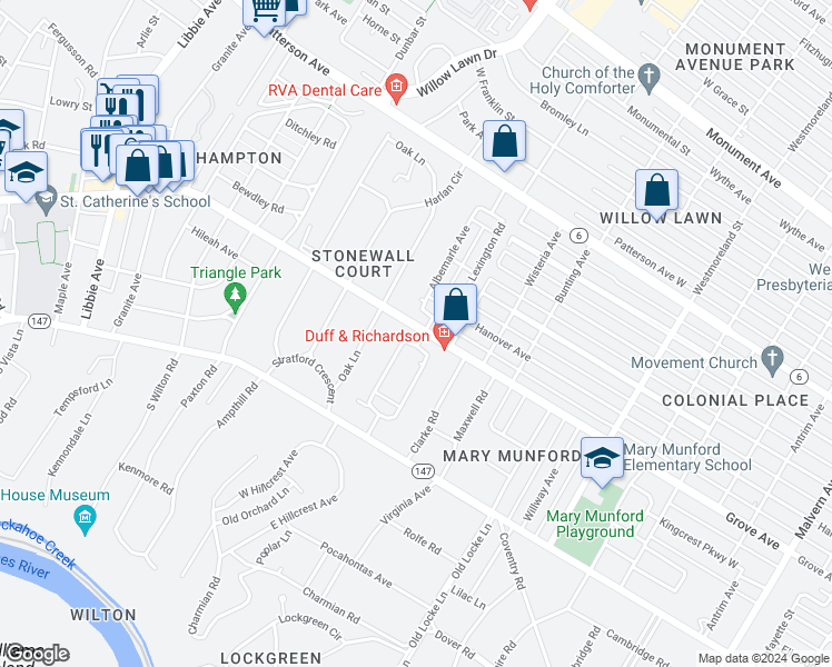 map of restaurants, bars, coffee shops, grocery stores, and more near 40 Lexington Road in Richmond