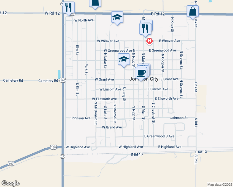 map of restaurants, bars, coffee shops, grocery stores, and more near 300-350 West Lincoln Avenue in Johnson City